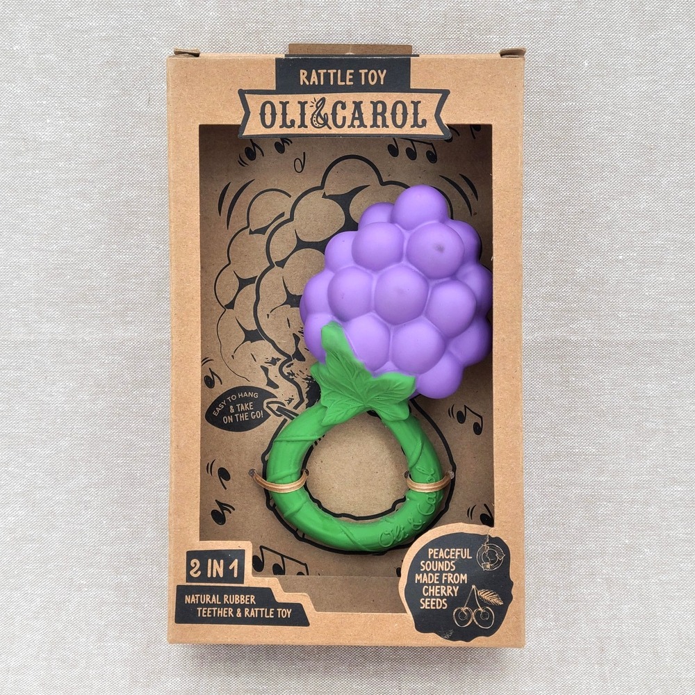 NWT Oli & Carol Grape Rattle Toy Baby Teether Natural Rubber Cherry Seeds